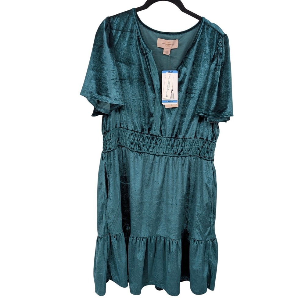 French Connection Velvet Dress Large Forest Green Smocked Ruffle Holiday Party